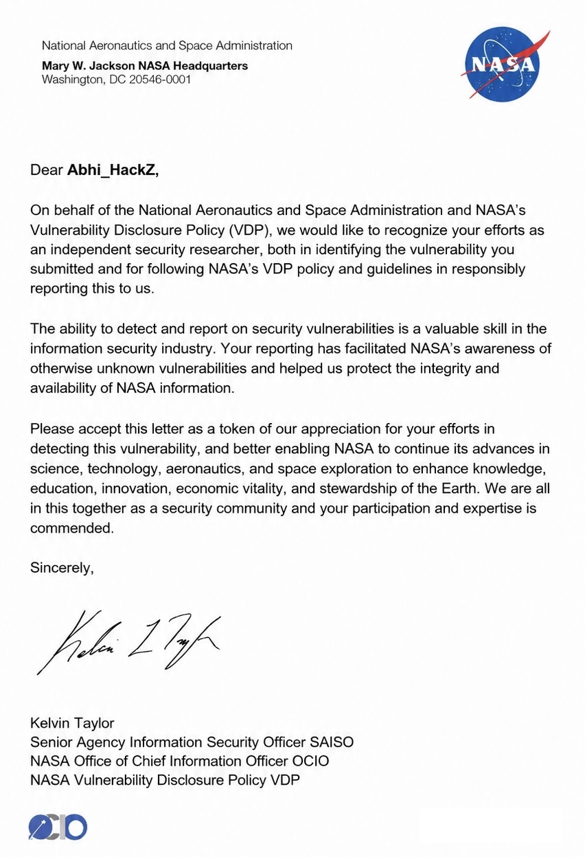 NASA Hall of Fame recognition for Abhishek Bhaskar (Abhi HackZ)