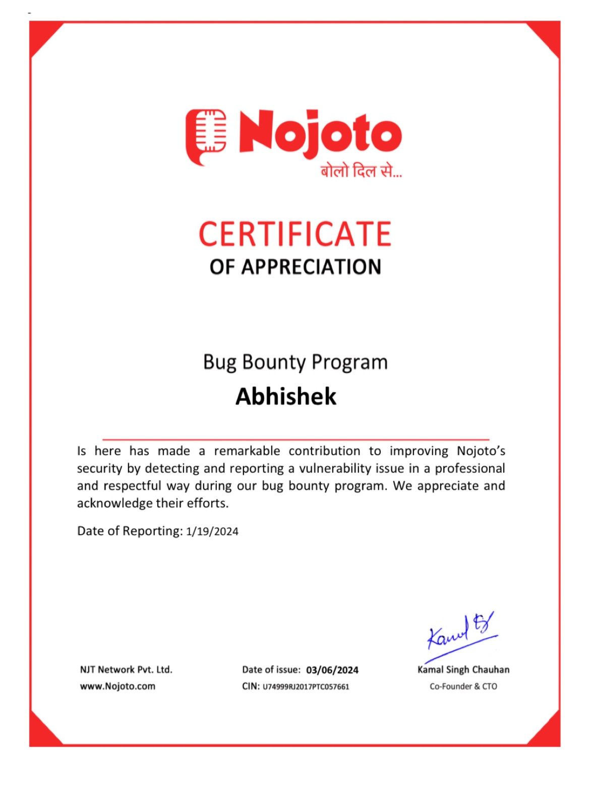 Nojoto Hall of Fame recognition for Abhishek Bhaskar (Abhi HackZ)